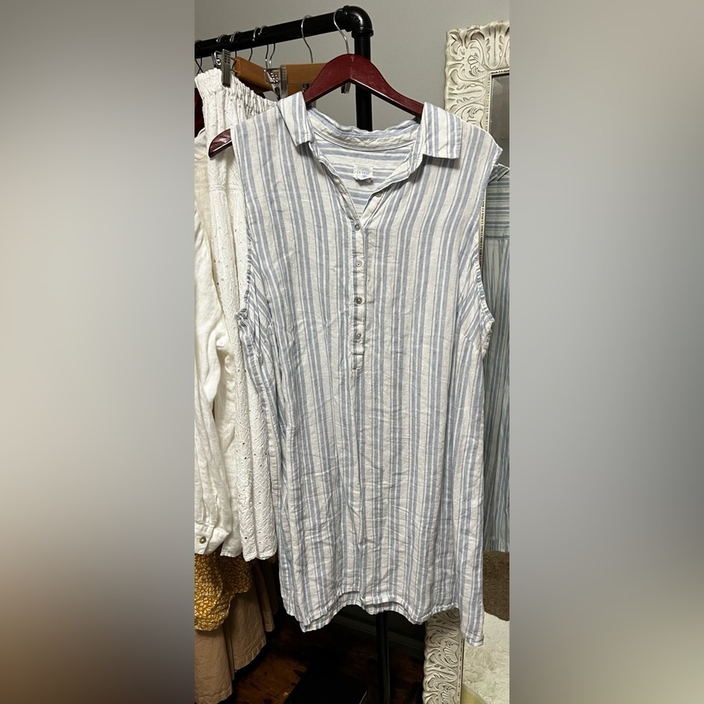 Sigrid Olsen 100 % Linen Women's White and Blue Striped Shirt Dress natural - Picture 7 of 7